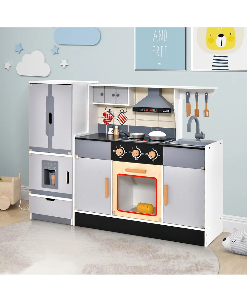 Wooden Chef Play Kitchen and Refrigerator with Realistic Range Hood and Roaster