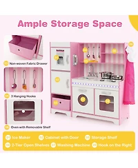 Kids Kitchen Playset Wooden Toy with Adjustable Led Lights and Washing Machine