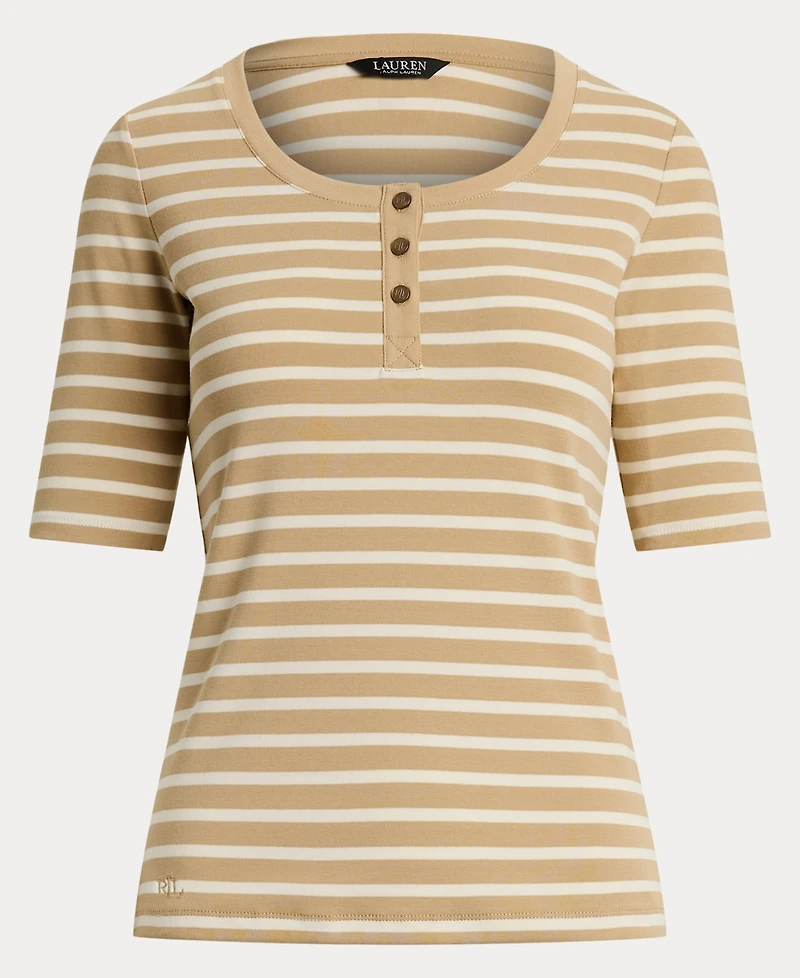 Lauren Ralph Women's Striped Elbow-Sleeve Henley Top