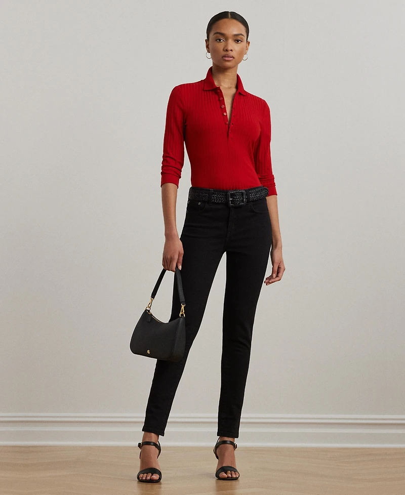 Lauren Ralph Women's Rib-Knit Three-Quarter-Sleeve Polo Shirt