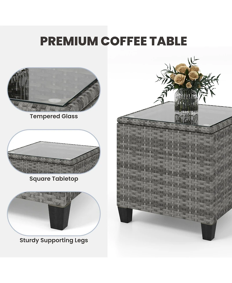 3-Piece Patio Rattan Roker Chairs with Tempered Glass Table and Soft Cushions