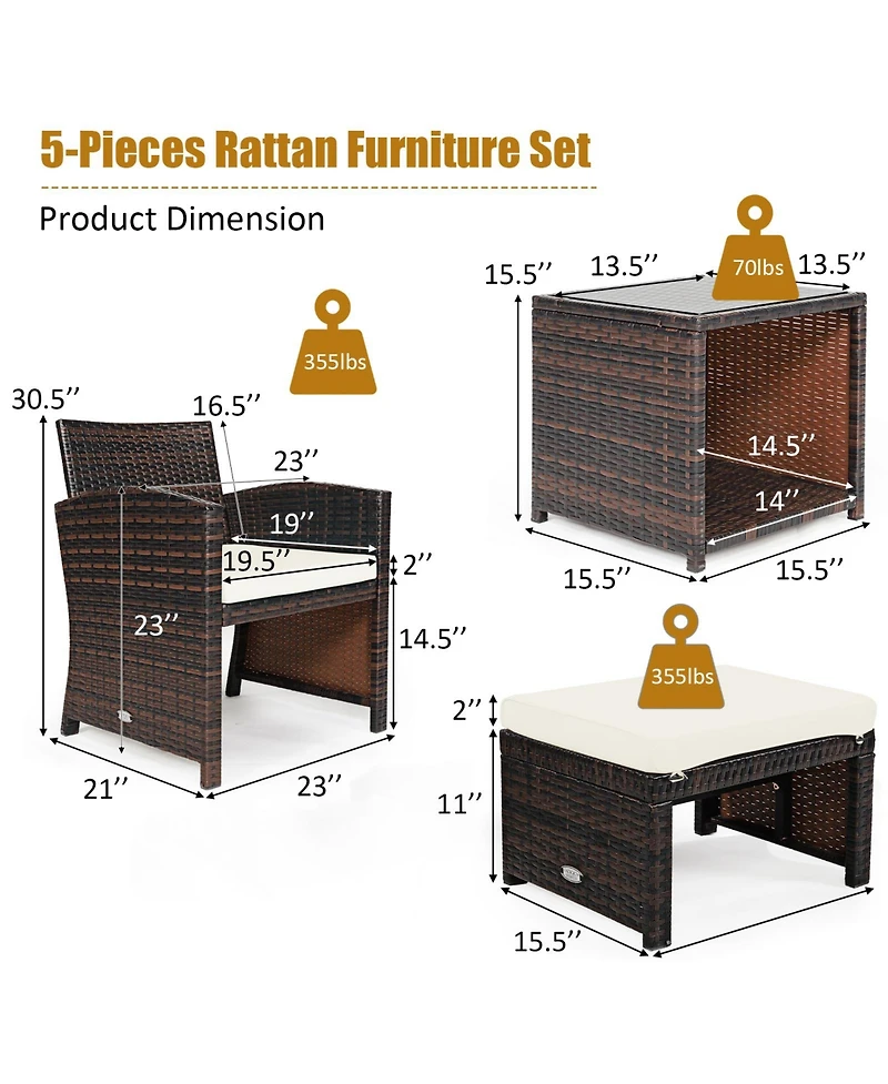 5 Pieces Patio Rattan Furniture Set with Ottoman and Tempered Glass Coffee Table-White