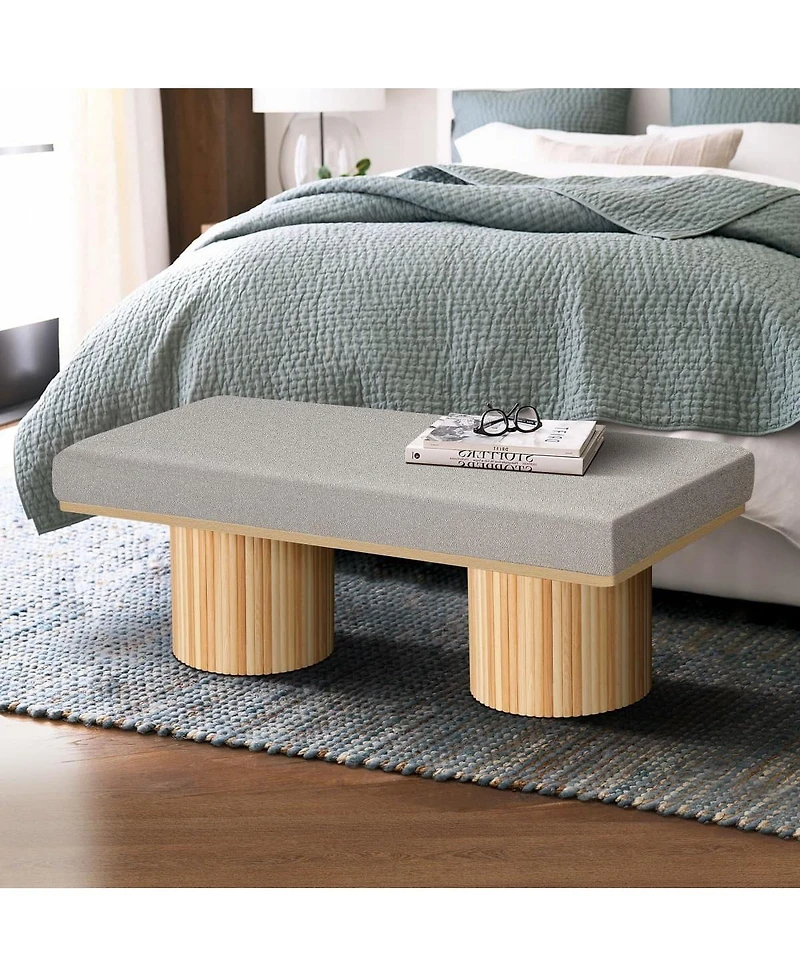 Modern Boucle Upholstered Bench with Chunky Round Wood Legs, Accent Seating for Bedroom, End of Bed, Living Room, or Entryway-The Pop Home
