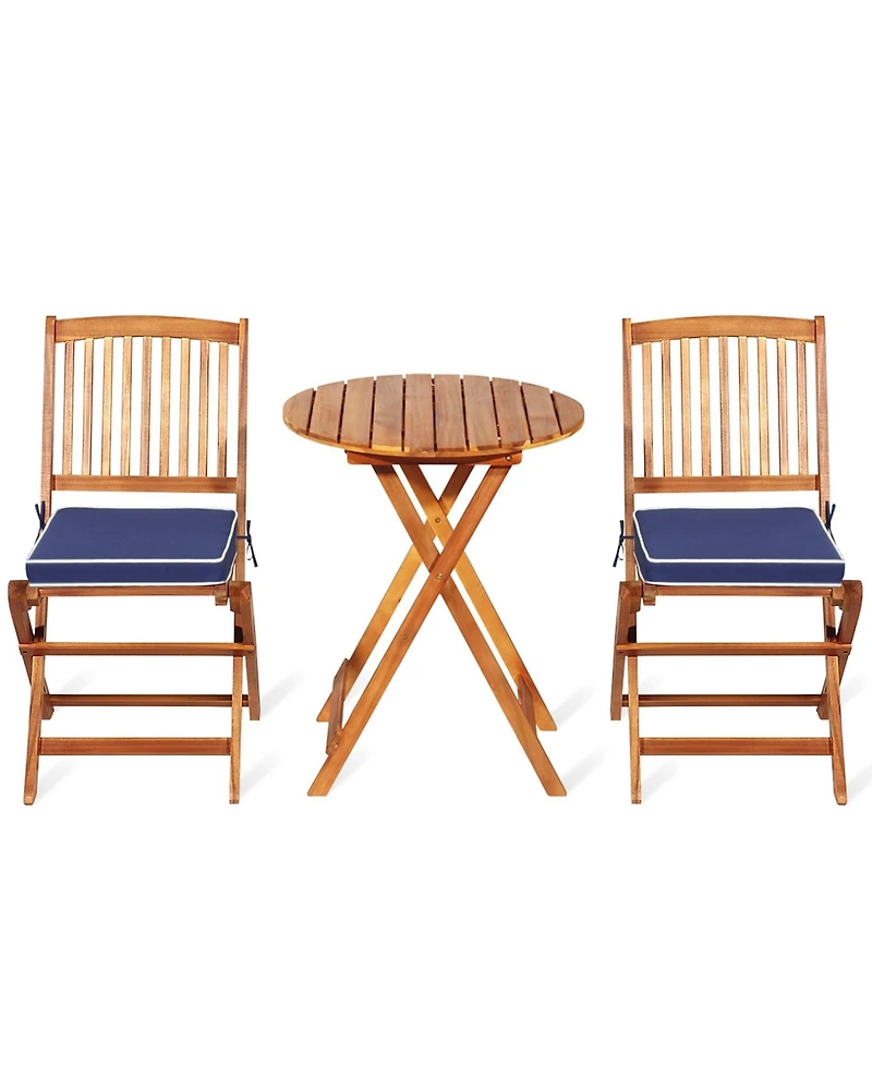 Gymax 3PCS Folding Patio Conversation Set Acacia Wood Bistro Set w/ Cushions