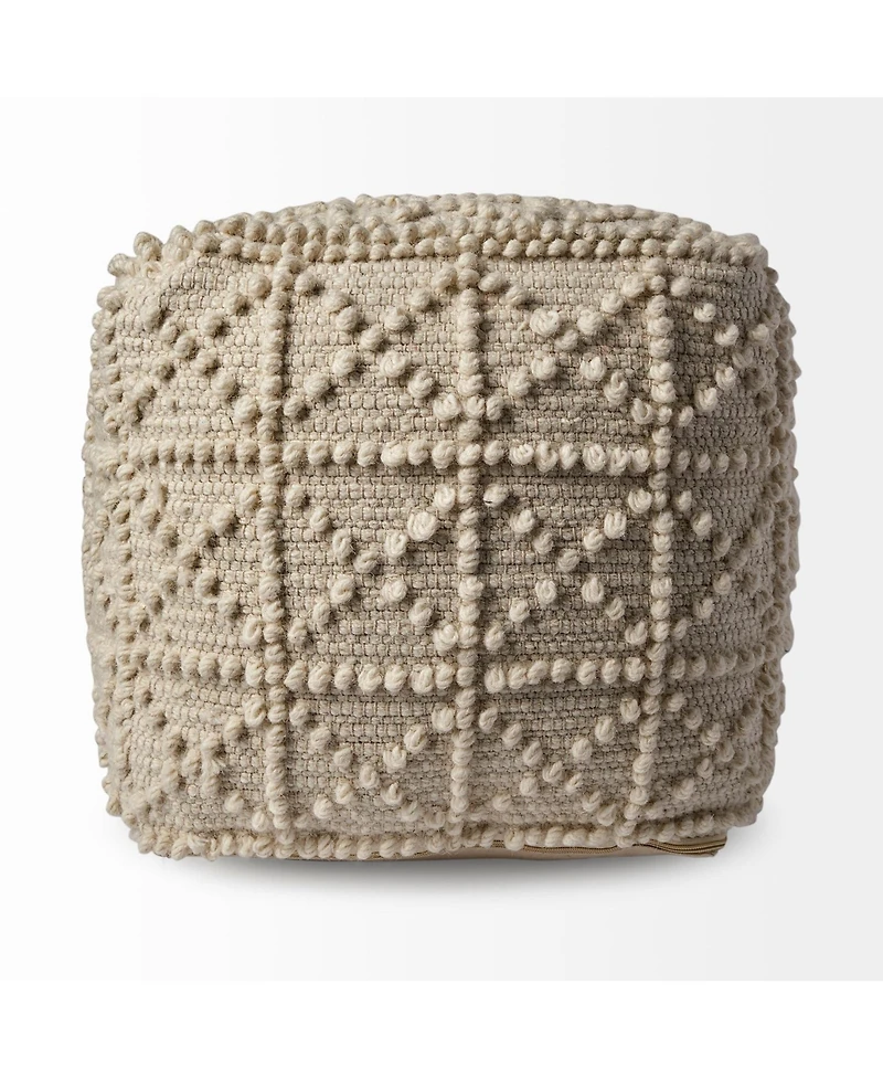 Ivory Wool Sqaure Pouf With Popcorn Detail