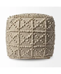 Ivory Wool Sqaure Pouf With Popcorn Detail