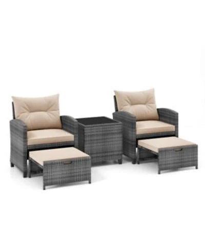 5 Piece Patio Rattan Furniture with 2 Ottomans Tempered Glass Coffee Table