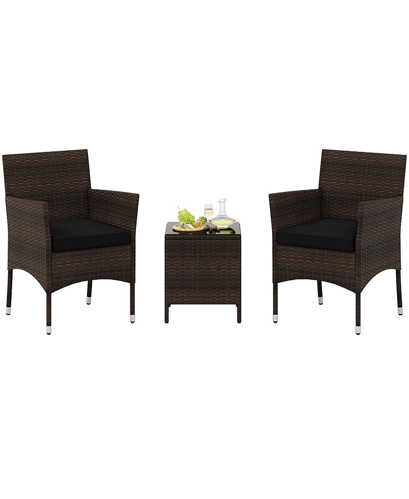 3 Pieces Outdoor Conversation Set with Cushioned Seat and Glass Tabletop-Black