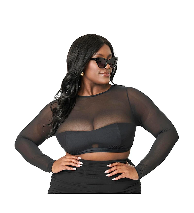Unique Vintage Plus Mesh Long Sleeve Swim Top