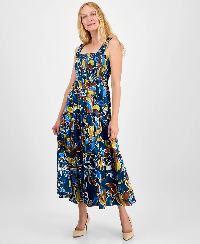 Anne Klein Women's Printed Smocked Cotton Sleeveless Maxi Dress | MainPlace  Mall