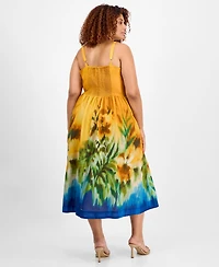 Tahari Asl Plus Printed Cotton Sleeveless Midi Dress