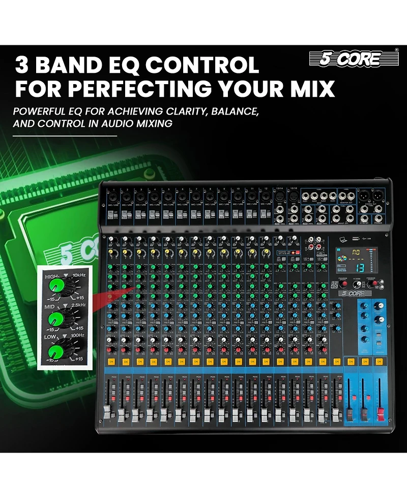 5 Core Audio Dj Mixer 20 Channel Sound Board Console w 24 Spx Effect 48V Phantom Power Mx 20CH Xu