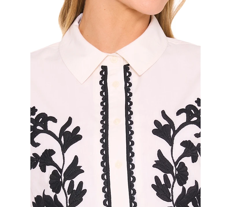 CeCe Women's Embroidered Short-Sleeve Shirt