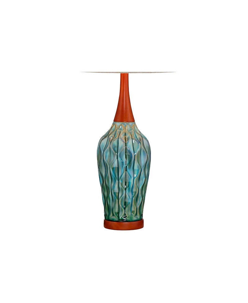 360 Lighting Rocco Modern Mid Century Table Lamps 30" Tall Set of 2 Blue Teal Glaze Ceramic Linen Drum Shade for Bedroom Living Room Nightstand H
