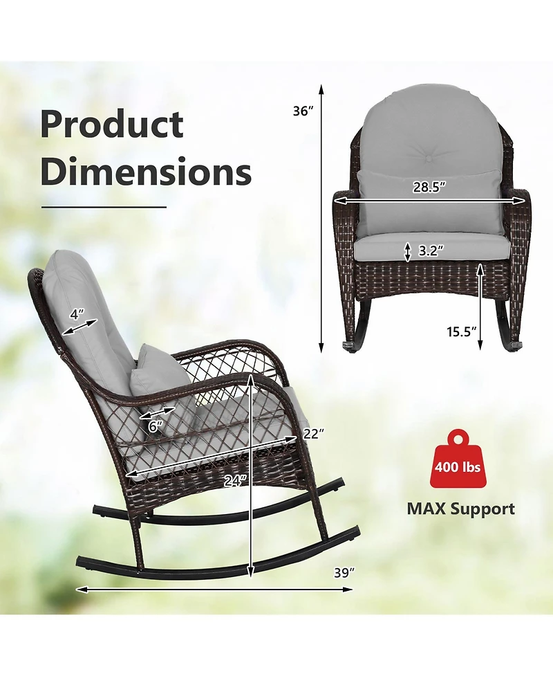 Patio Rattan Rocking Chair with Seat Back Cushions and Waist Pillow