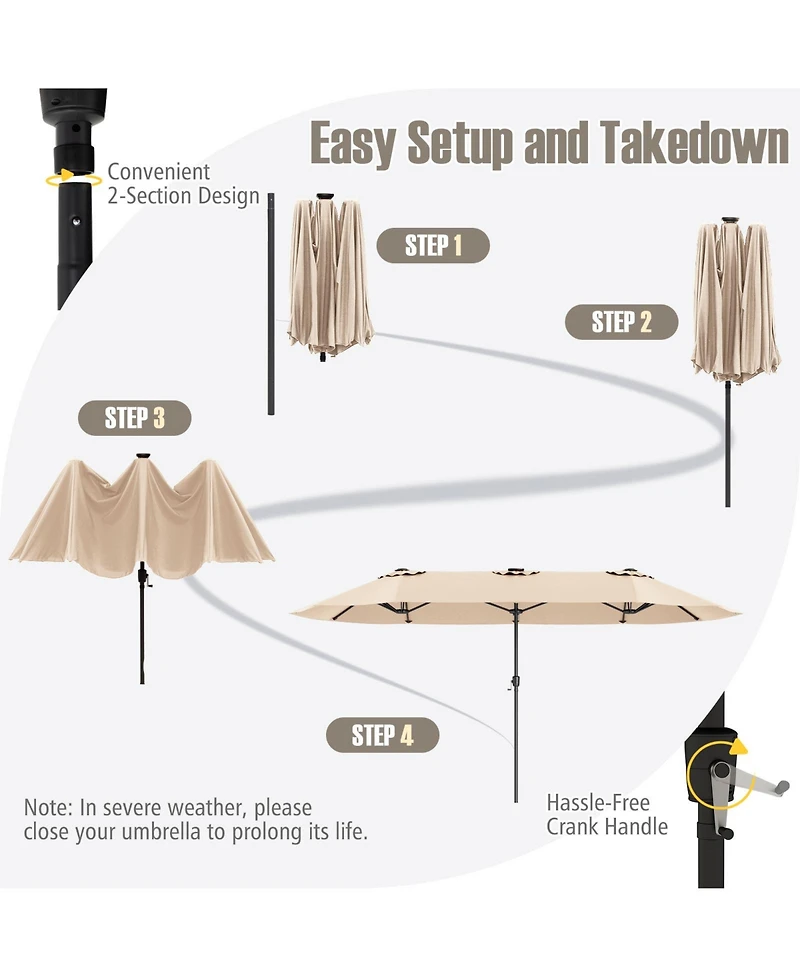 15.5 Ft Extra-Large Patio Umbrella with Led Solar Lights and Crank Handle-Beige