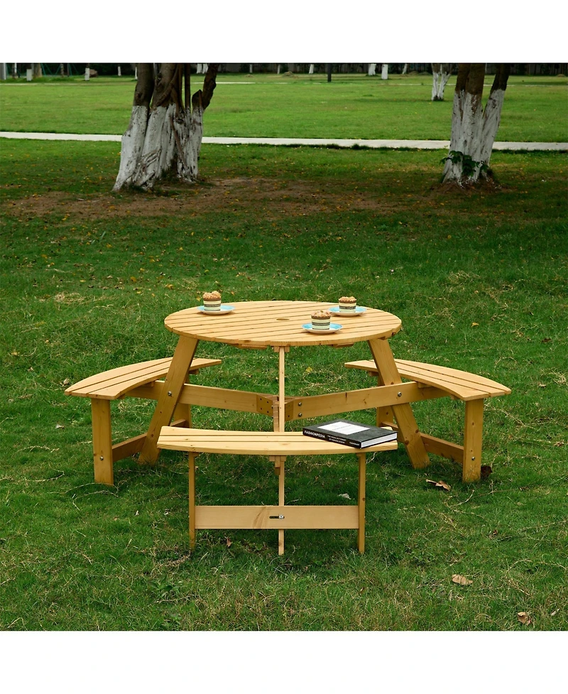 Outdoor 6 Person Picnic Table, 6 person Round Picnic Table with 3 Built-in Benches, Umbrella Hole