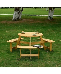 Outdoor 6 Person Picnic Table, 6 person Round Picnic Table with 3 Built-in Benches, Umbrella Hole