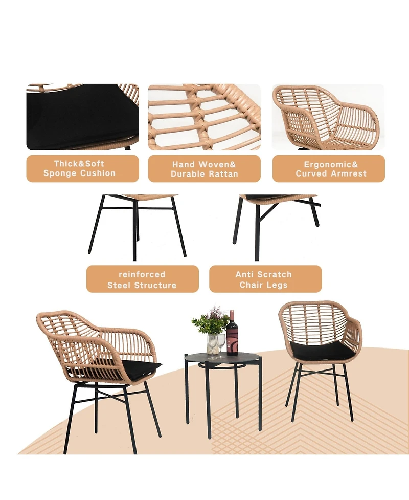 3 Pieces Of Luxury Outdoor Wicker Furniture ,Patio Bistro Style Table And Chair Combination,Weather-resistant Pe Wicker Weave