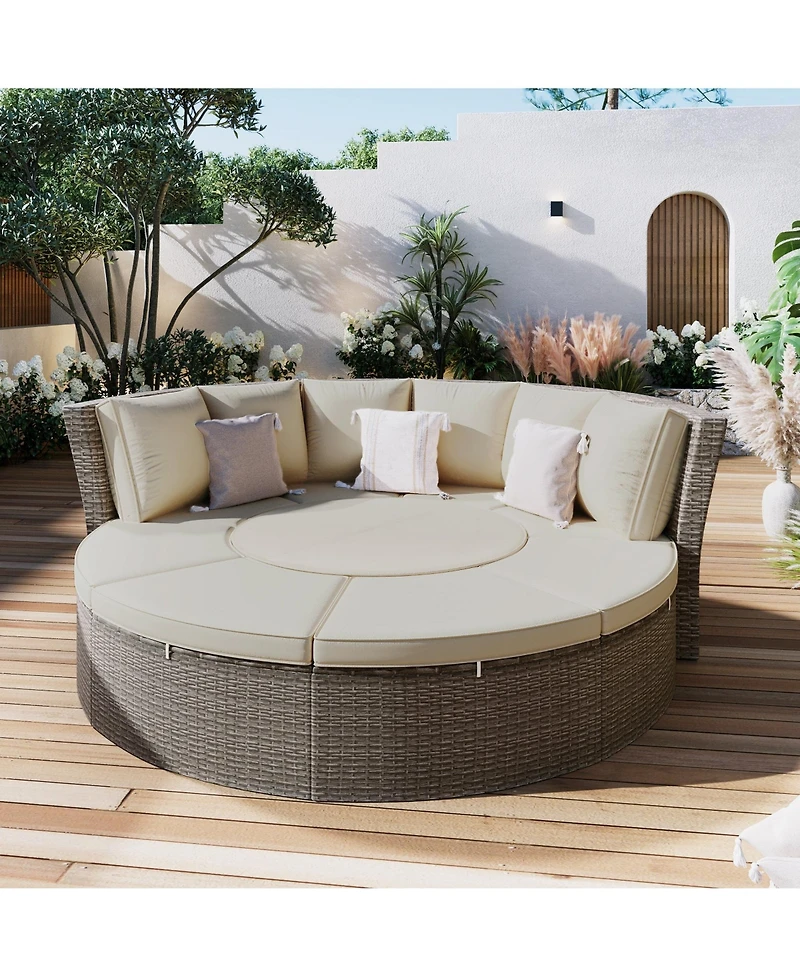 5-Piece Round Rattan Sectional Sofa Set All-Weather Pe Wicker Sunbed Daybed with Round Liftable Table and Washable Cushions