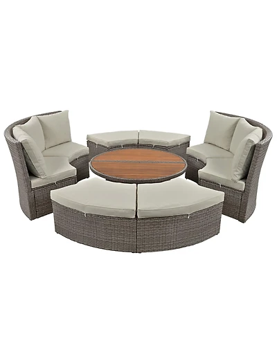 5-Piece Round Rattan Sectional Sofa Set All-Weather Pe Wicker Sunbed Daybed with Round Liftable Table and Washable Cushions