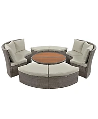 5-Piece Round Rattan Sectional Sofa Set All-Weather Pe Wicker Sunbed Daybed with Round Liftable Table and Washable Cushions