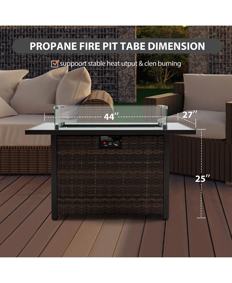 44 in. Rectangle 50,000 Btu Outdoor Propane Gas Fire Pit Table with Lid and Glass Beads, Glass Wind Guard