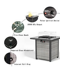 28 in. Outdoor Wicker Propane Fire Pit Table, 50000 Btu Gas Firepits Tempered Glass Tabletop Glass Wind Guard
