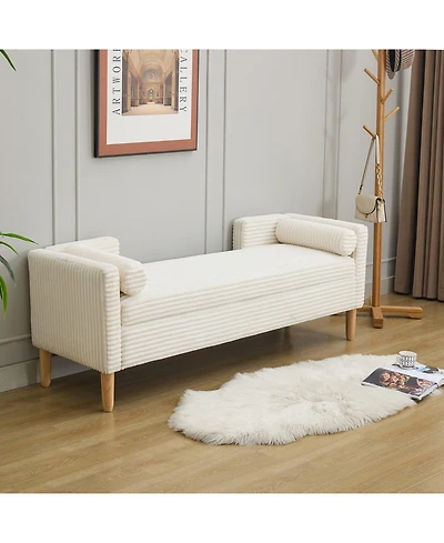 Streamdale Corduroy Storage Bench with Armrests & Pillows - Ivory
