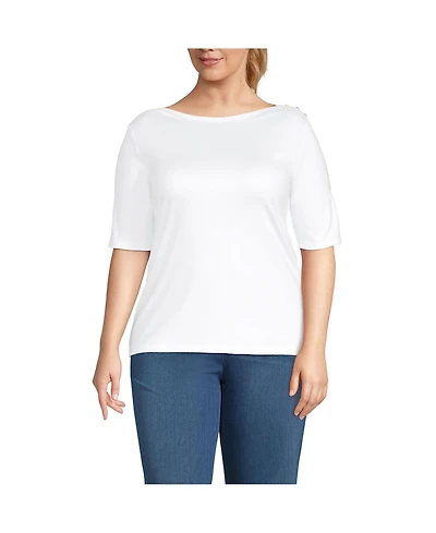 Lands' End Plus Supima Cotton Elbow Sleeve Boatneck Button Shoulder Tee