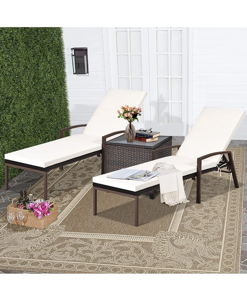 2 Pieces Patio Rattan Reclining Chaise Lounge Chair with Cushion and Armrest