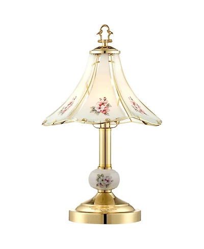 Flower Traditional Vintage Accent Table Lamp 16" High Polished Brass Gold Metal Floral Etched Glass Shade Touch On Off Decor for Bedroom House Be