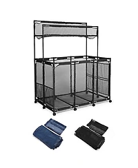 Yescom Rolling Mesh Pool Storage Bin Floats Toys Organzier Metal Frame 10 Wheels Double Decker with Blue Mesh Replacement Net Combo