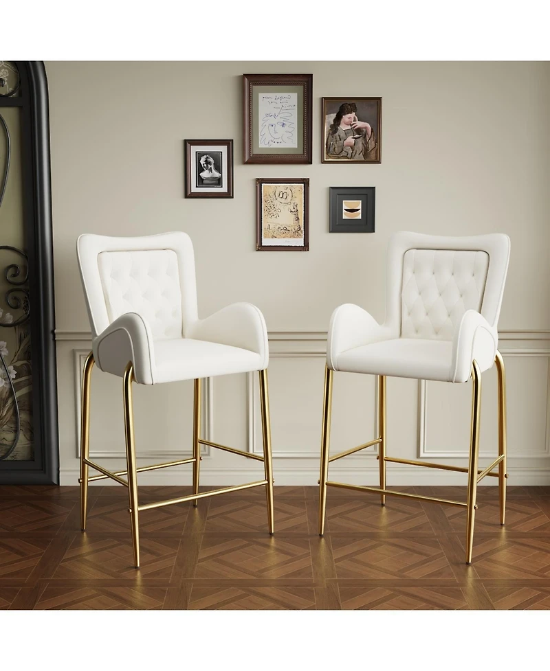 Streamdale Furniture 28.75inch Counter Height Bar Stools Set of 2, Bar Height Arm Chairs, Velvet Fabric Stools with Golden Legs and Footrests, White