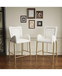 Streamdale Furniture 28.75inch Counter Height Bar Stools Set of 2, Bar Height Arm Chairs, Velvet Fabric Stools with Golden Legs and Footrests, White