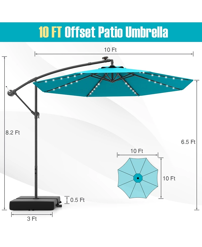 10 Ft Patio Umbrella Offset Cantilever Umbrella with 40 Solar Powered Lights-Turquoise
