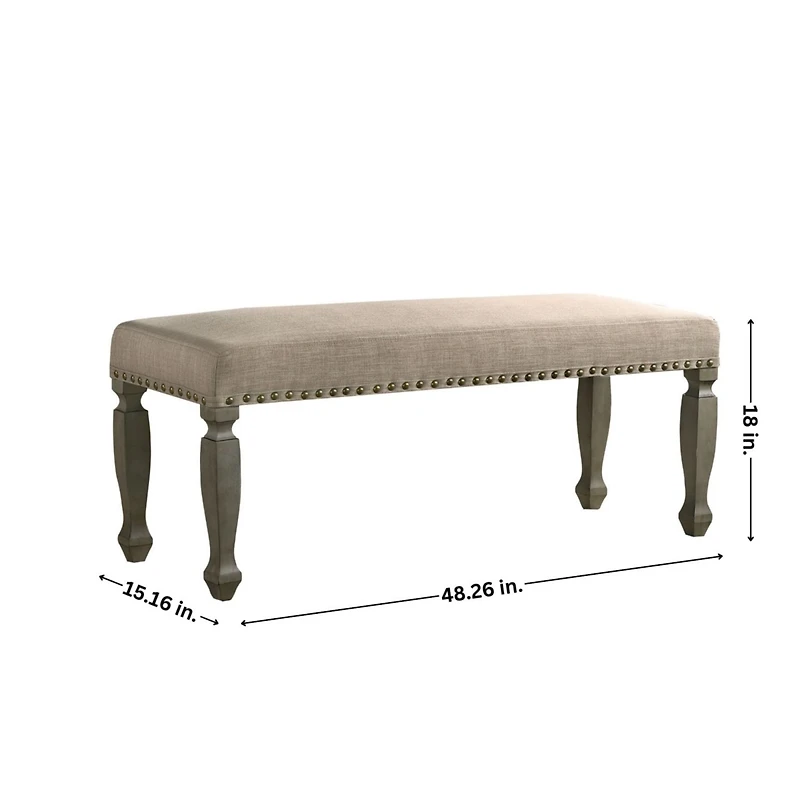 Antique Gray Finish Upholstered Nailhead Bench
