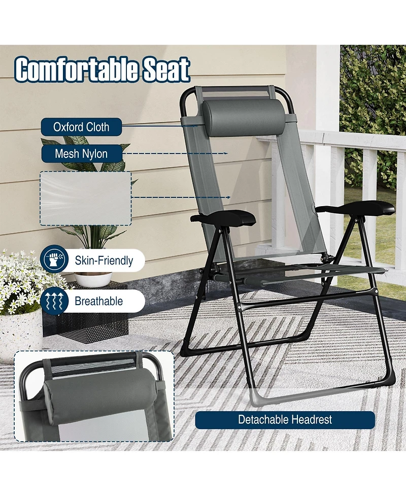 Outdoor Folding Chairs Set of 2 with Armrests and 7-Level Backrest