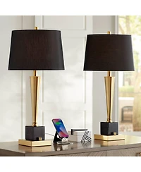 Wayne Modern Table Lamps 29 1/4" Tall Set of 2 with Usb Charging Port Brass Gold Black Tapered Drum Shade for Bedroom Living Room Nightstand Beds