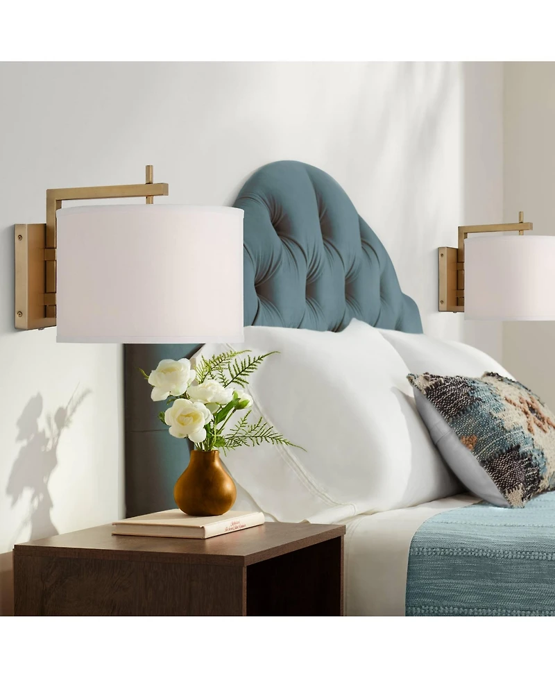 Adair Mid Century Modern Wall Lamps Set of 2 Warm Brass Gold Metal Plug-In 12" Fixture Linen Drum Shade for Bedroom Bedside House Reading Living