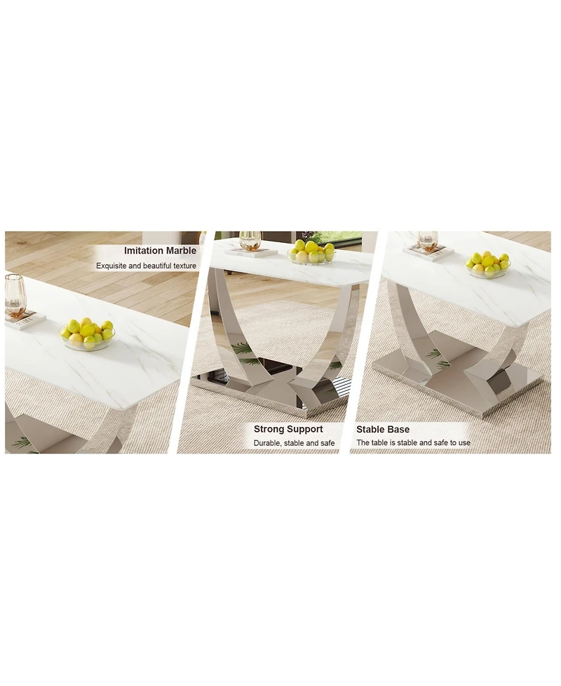 Modern Glass Dining Set: Marble Top Table & 6 White Pu Chairs