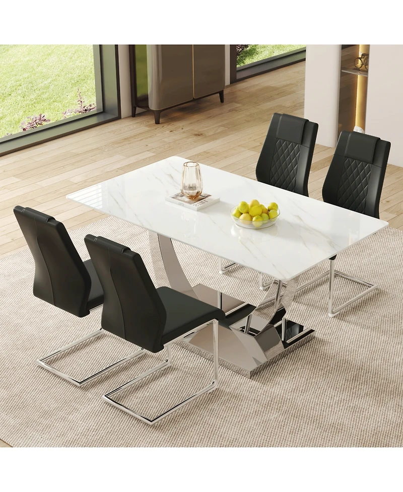 Modern Glass Dining Set: Marble Top Table & 4 Black Pu Chairs
