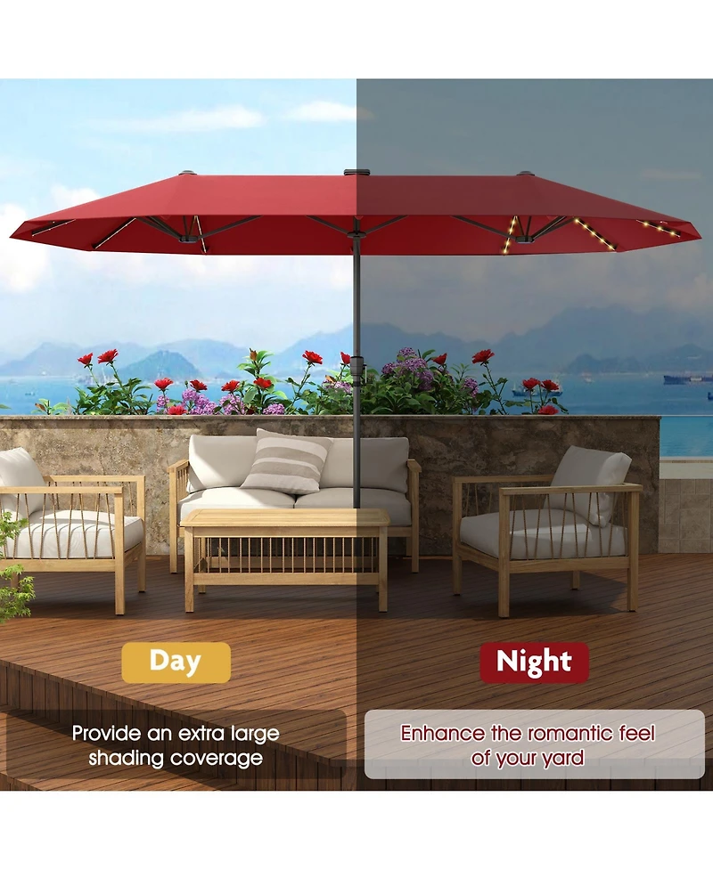 13 Ft Large Patio Umbrella with Led Solar Lights and Crank Handle