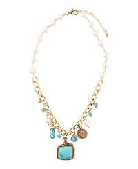 Barse Blue Turquoise and White Cultivated Pearl Multi Pendant Necklace