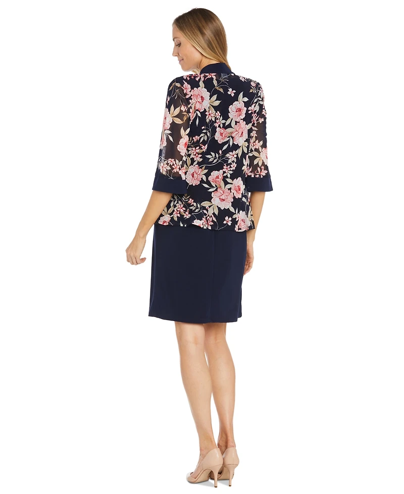 R & M Richards Women's Floral Printed Jacket and Necklace Dress Set