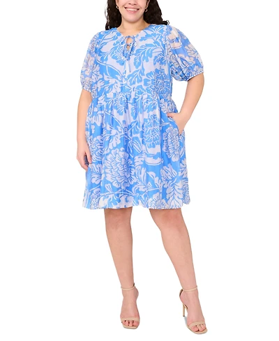 Msk Plus Printed Short-Puff-Sleeve Dress