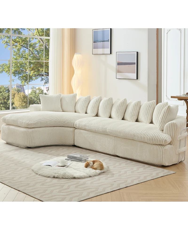 Streamdale 127" Large Beige Corduroy Sectional Sofa - Curved Design, High-Resilience Foam