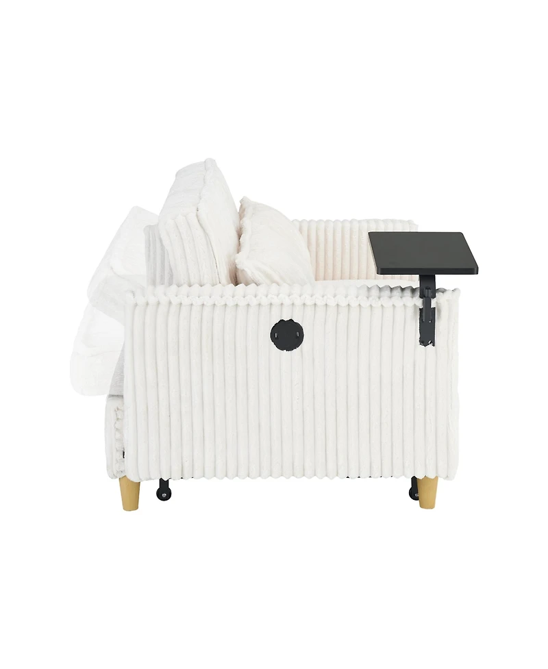 Streamdale Beige Corduroy Pull-Out Sofa with Tabletop and Usb Ports