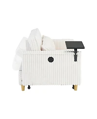 Streamdale Beige Corduroy Pull-Out Sofa with Tabletop and Usb Ports