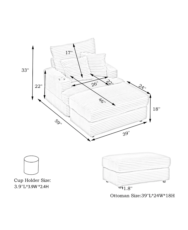 Streamdale Corduroy Armchair & Ottoman Set with Cup Holder